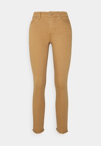 Hnědé skinny džíny z denimu s vysokým pasem, pěti kapsami a roztrhaným lemem. Hladká textura, přiléhavý design, vhodné pro každodenní nošení.