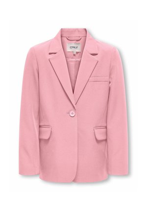 Roze blazer met één knoop, met inkeping revers, borstzak en twee klepzakken, maat 36, merkembleem "ONLY" zichtbaar aan de binnenkant van de kraag.