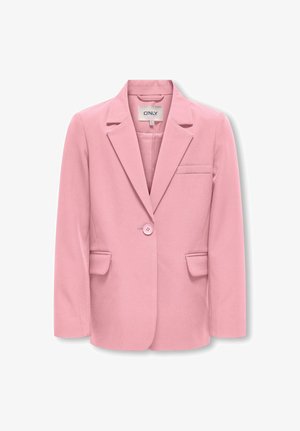 Blazer rosa de un solo botón con solapas con muesca, bolsillo en el pecho y dos bolsillos con solapa, talla 36, etiqueta de la marca "ONLY" visible en el interior del cuello.