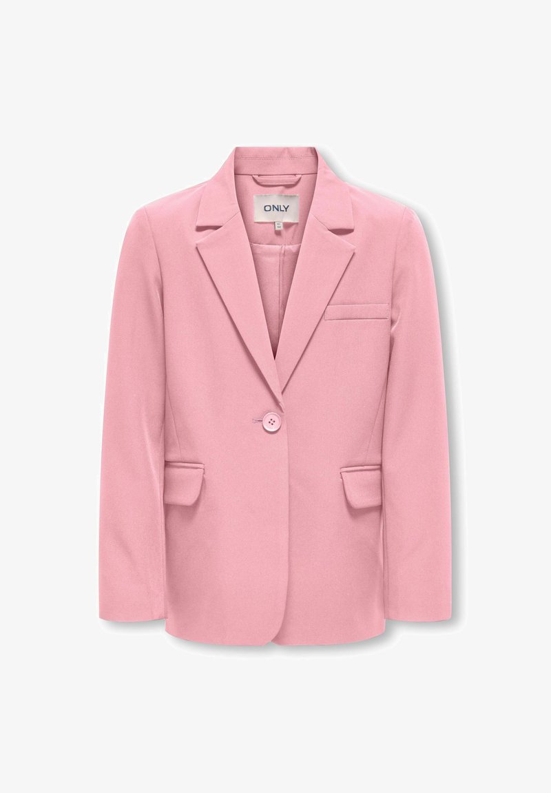 Ružové sako s jedným gombíkom, s výrezovými klopami, náprsným vreckom a dvoma klopovými vreckami, veľkosť 36, značka "ONLY" viditeľná vo vnútri goliera.