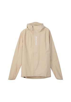 Beżowa kurtka z kapturem na pełny zamek, z długimi rękawami i białym pionowym napisem logo na lewej piersi na białym tle.