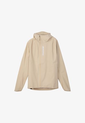 Chaqueta beige con cremallera completa y capucha, con mangas largas y texto de logo vertical blanco en el pecho izquierdo sobre un fondo blanco.