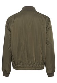 Olive zaļš bomber jakas, gluda auduma, ribota apkakle un piedurknes, elastīga jostasvieta un rāvējslēdzēja dizains aizmugurē.
