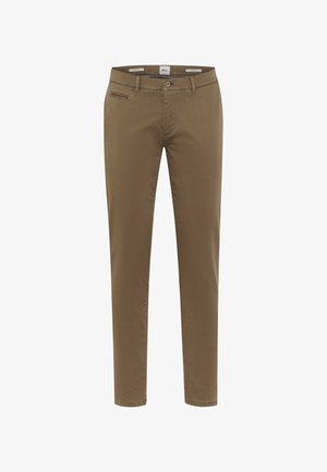 Bruine katoenen broeken met een slim-fit ontwerp, voorzien van een voorzak, riemlussen en een knoopsluiting. Glad textuur en rechte pijpen.