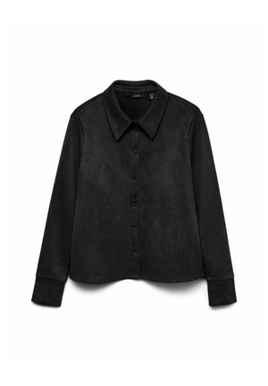 Sort ruskind bluse med lange ærmer, krave og knaplukning. Har et cropped design og en glat, mat tekstur.