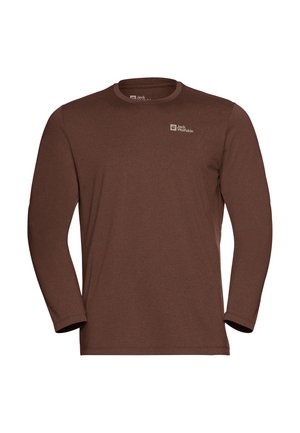 Braunes Langarm-T-Shirt mit Rundhalsausschnitt und kleinem Jack Wolfskin-Logo auf der linken Brust, schlichtes Design, aus weichem Stoff gefertigt.