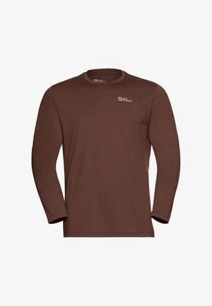 Brown long-sleeve crew neck shirt with small Jack Wolfskin logo on the left chest, plain design, made of soft fabric.