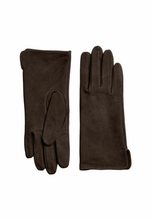 Dark brown suede gloves laid flat side-by-side showing front and back with separate thumb and four fingers on each glove.