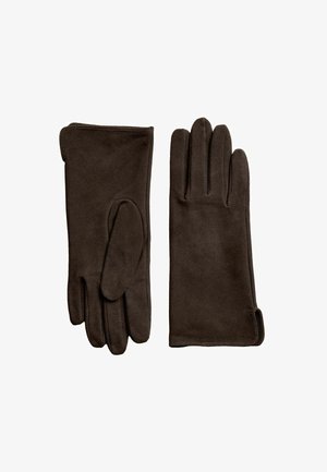 Dark brown suede gloves laid flat side-by-side showing front and back with separate thumb and four fingers on each glove.
