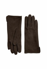 Brown gloves made of soft, textured fabric. Designed with a sleek silhouette, featuring a snug fit and distinct finger sections.