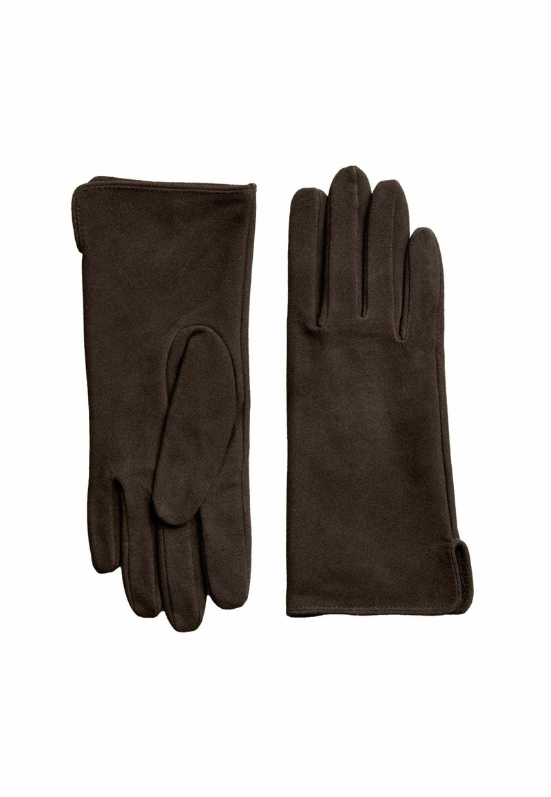 Brown gloves made of soft, textured fabric. Designed with a sleek silhouette, featuring a snug fit and distinct finger sections.