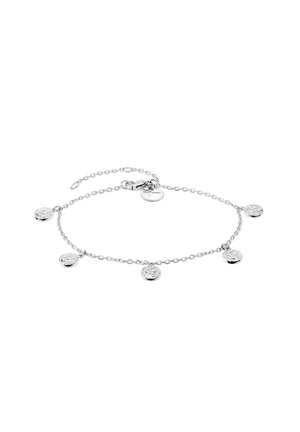 Bracelet chaîne en argent avec cinq petites breloques rondes en forme de pièce, réparties uniformément, avec un fermoir mousqueton et une extension de chaîne réglable.