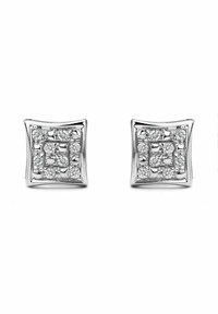 Orecchini a bottone quadrati in argento con un motivo texture, caratterizzati da cluster di pietre preziose trasparenti disposte in un design a griglia. Finitura lucida.