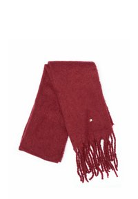 Burgundowy wełniany szalik z frędzlami na obu końcach i małym metalicznym akcentem. Miękka faktura, prostokątny kształt.