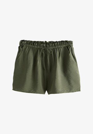 Shorts en satin vert olive avec taille élastiquée froncée et cordon ajustable, avec poches latérales.