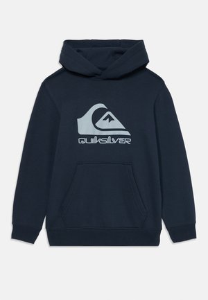 Sudadera azul marino de mezcla de algodón, con un gran logo de Quiksilver en azul claro, un bolsillo frontal y puños y dobladillo acanalados.