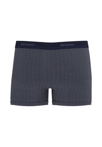 Boxers en bleu marine avec un motif en maille géométrique, présentant une taille contrastante avec "Eminence" en relief, fabriqués en tissu respirant.