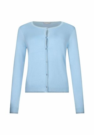 Gaiši zils garroku kardigans ar apaļu kakla izgriezumu un sudrabkrāsas apmalēm uz aprocēm, ar priekšpuses aizdari sešām pogām.