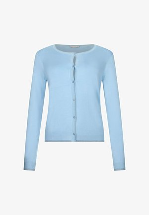 Gaiši zils garroku kardigans ar apaļu kakla izgriezumu un sudrabkrāsas apmalēm uz aprocēm, ar priekšpuses aizdari sešām pogām.