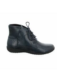 Botas azul oscuro hasta el tobillo hechas de cuero suave. Presentan una punta redondeada, diseño con cordones y suela de goma texturizada.