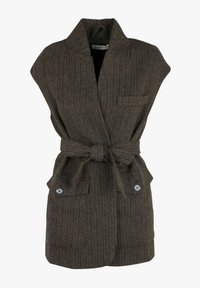Gilet en laine marron à chevrons sans manches, col cranté, deux boutons, poches avant et ceinture à nouer à la taille.