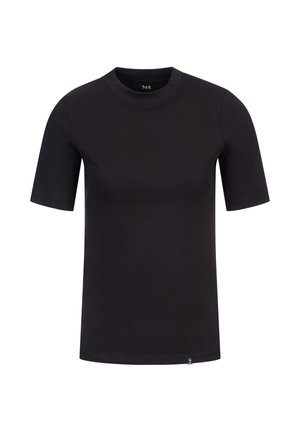 Svart T-skjorte med kort erm og rund hals, laget av glatt stoff. Har et lite logo-merke nederst til venstre på kanten.