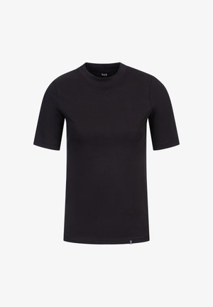 Svart T-skjorte med kort erm og rund hals, laget av glatt stoff. Har et lite logo-merke nederst til venstre på kanten.