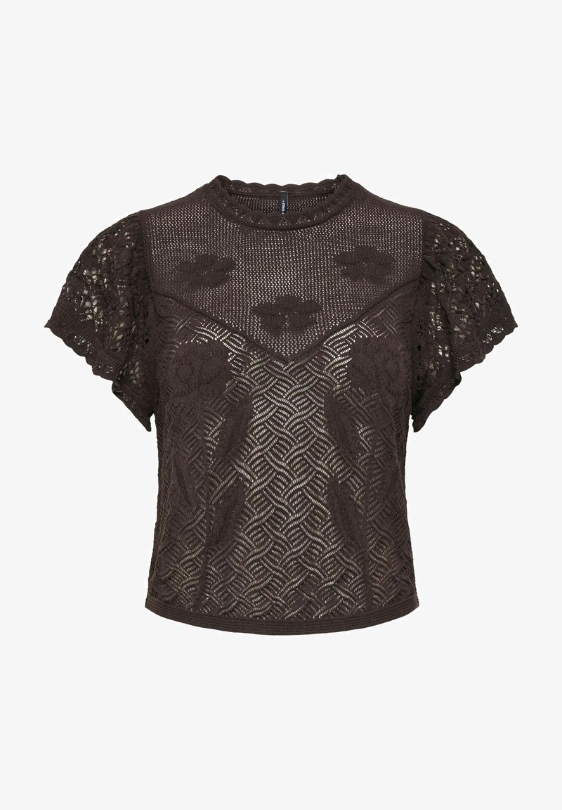 Blouse noire en dentelle à manches courtes avec motifs floraux et géométriques, col rond et bords festonnés aux manches et au col.