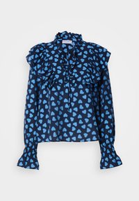 Blusa navale con motivo a cuori azzurri, scollatura e maniche arricciate, chiusura a fiocco sul davanti e polsini arricciati.