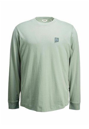 Majica s dolgimi rokavi v svetlo zeleni bombažni tkanini, z okroglim izrezom in majhnim logotipom na levi strani prsi. Mehka tekstura in sproščen kroj.