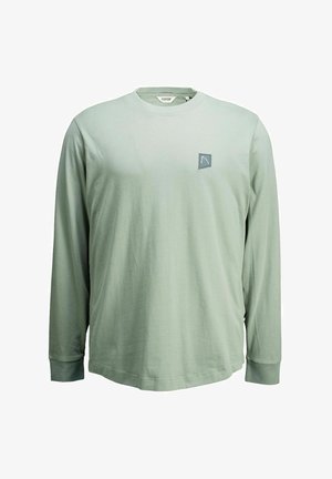 Pikema varrukatega särk helesest rohelisest puuvillast, ümmarguse kaelusega ja väikese logopatchiga vasakul rinnal. Pehme tekstuur ja mugav lõige.