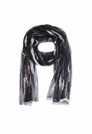 Sciarpa nera trasparente con dettagli in paillettes argentate. Design leggero e fluido con tessuto testurizzato e estremità frangiate. Adatta per essere indossata a strati.
