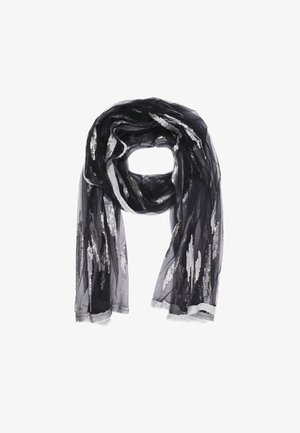 Sciarpa nera trasparente con dettagli in paillettes argentate. Design leggero e fluido con tessuto testurizzato e estremità frangiate. Adatta per essere indossata a strati.