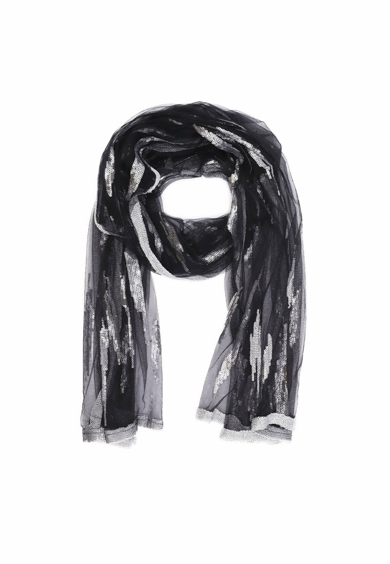Sciarpa nera trasparente con dettagli in paillettes argentate. Design leggero e fluido con tessuto testurizzato e estremità frangiate. Adatta per essere indossata a strati.