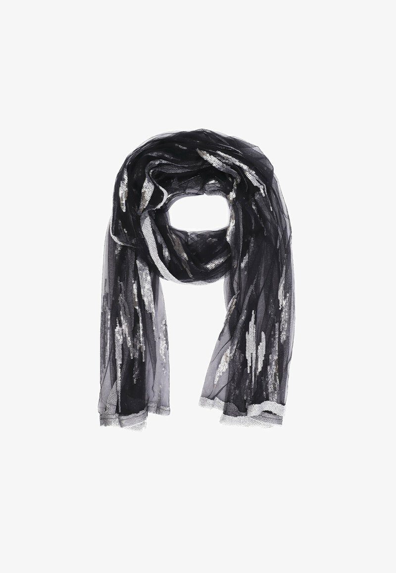Sciarpa nera trasparente con dettagli in paillettes argentate. Design leggero e fluido con tessuto testurizzato e estremità frangiate. Adatta per essere indossata a strati.