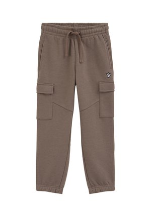 Braune Sweatpants im Cargo-Stil mit elastischem Bund und Bündchen, vorderem Kordelzug, Seitentaschen und kleinem Vogel-Logo am rechten Oberschenkel.