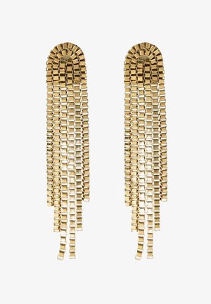 Paire de boucles d'oreilles à pampilles en chaîne ton or avec plusieurs brins suspendus et une fermeture supérieure arrondie.