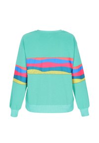 Langarm-Sweatshirt in Teal mit einem horizontalen Streifendesign in Rot, Blau und Gelb über die Mitte und die Ärmel. Weicher Stoff.