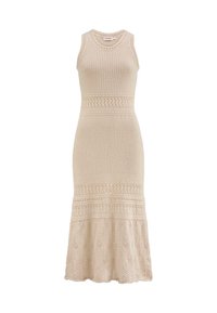 Vestito senza maniche in maglia beige con corpino aderente e orlo in pizzo svasato, caratterizzato da motivi testurizzati e righe di sezioni a trama aperta.