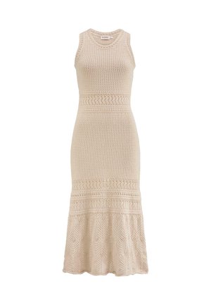 Beige gestricktes ärmelloses Kleid mit figurbetontem Oberteil und ausgestellt geschnittenem Spitzenbesatz, das über strukturierte Muster und Reihen von offenen Gewebebereichen verfügt.