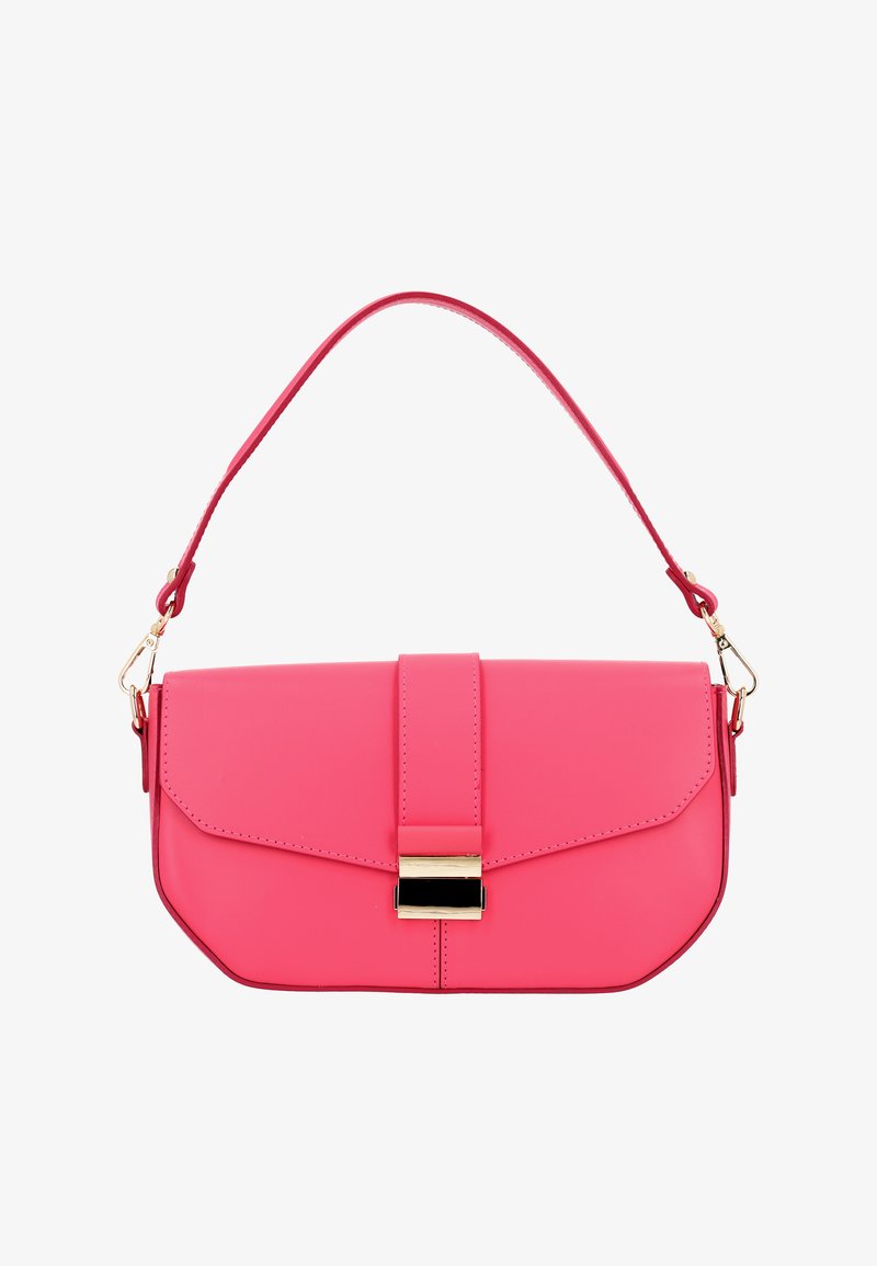 Rosa falsk læder taske med en guldlås, rektangulær form og buede kanter. Har en aftagelig rem for alsidighed.