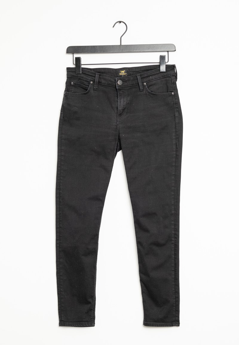 Jean noir à coupe slim, fabriqué en denim robuste, doté de cinq poches, d'une fermeture à boutons à l'avant et d'une boucle d'accrochage à la ceinture.