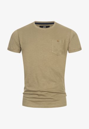 Beige T-Shirt mit kurzen Ärmeln aus weichem, strukturiertem Stoff. Verfügt über eine kleine Brusttasche mit einem Knopfdetail und ein Rundhalsausschnitt-Design.