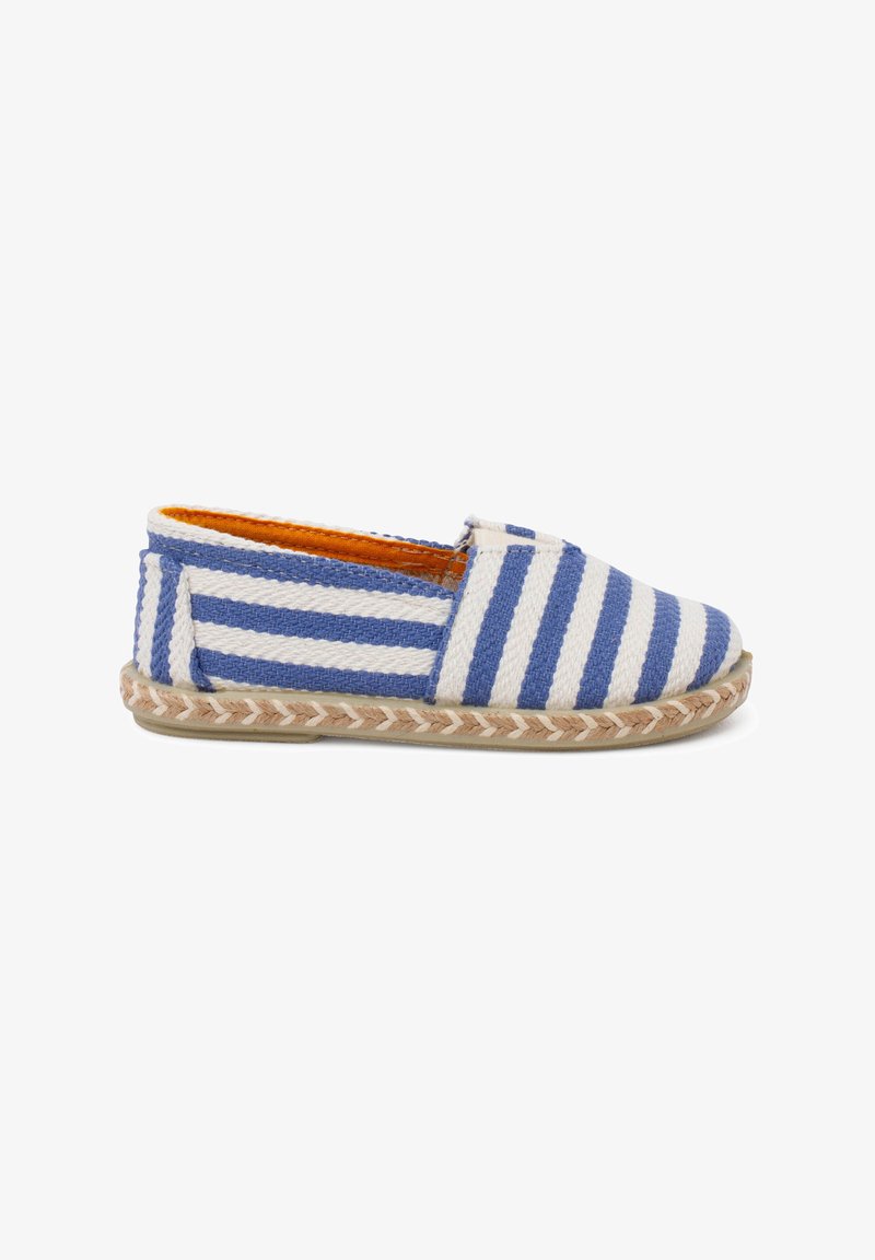 Blue and white striped espadrille, featuring a soft fabric upper, elastic side panels, and a braided jute sole. Interior is orange.