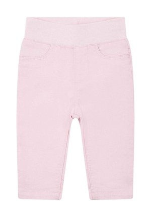 Leggings en mélange de coton rose clair avec une taille élastique douce et des poches avant fonctionnelles. Texture lisse et coupe ajustée.