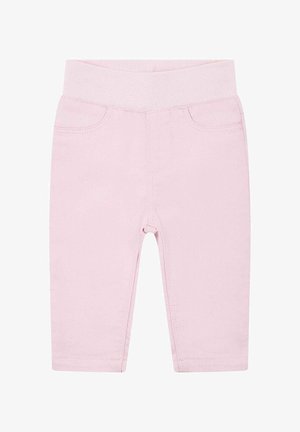 Leggings di cotone misto di un delicato color rosa chiaro, con una morbida vita elasticizzata e tasche frontali funzionali. Texture liscia e forma aderente.