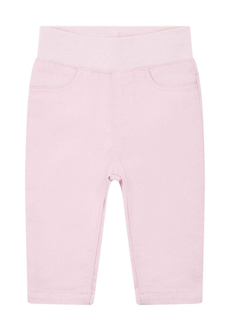 Leggings en mélange de coton rose clair avec une taille élastique douce et des poches avant fonctionnelles. Texture lisse et coupe ajustée.