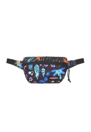 Fanny pack en tissu noir avec des motifs floraux et de feuilles colorés, dotée d'une fermeture éclair et d'une sangle ajustable pour un port facile.
