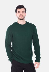 Maglione verde lavorato a maglia con texture a coste, scollatura rotonda e maniche lunghe, abbinato a pantaloni cargo neri.