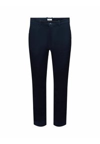 Pantalons chinos bleu marine foncé pour hommes, coupe slim, avec passants de ceinture, fermeture par bouton et poches avant.